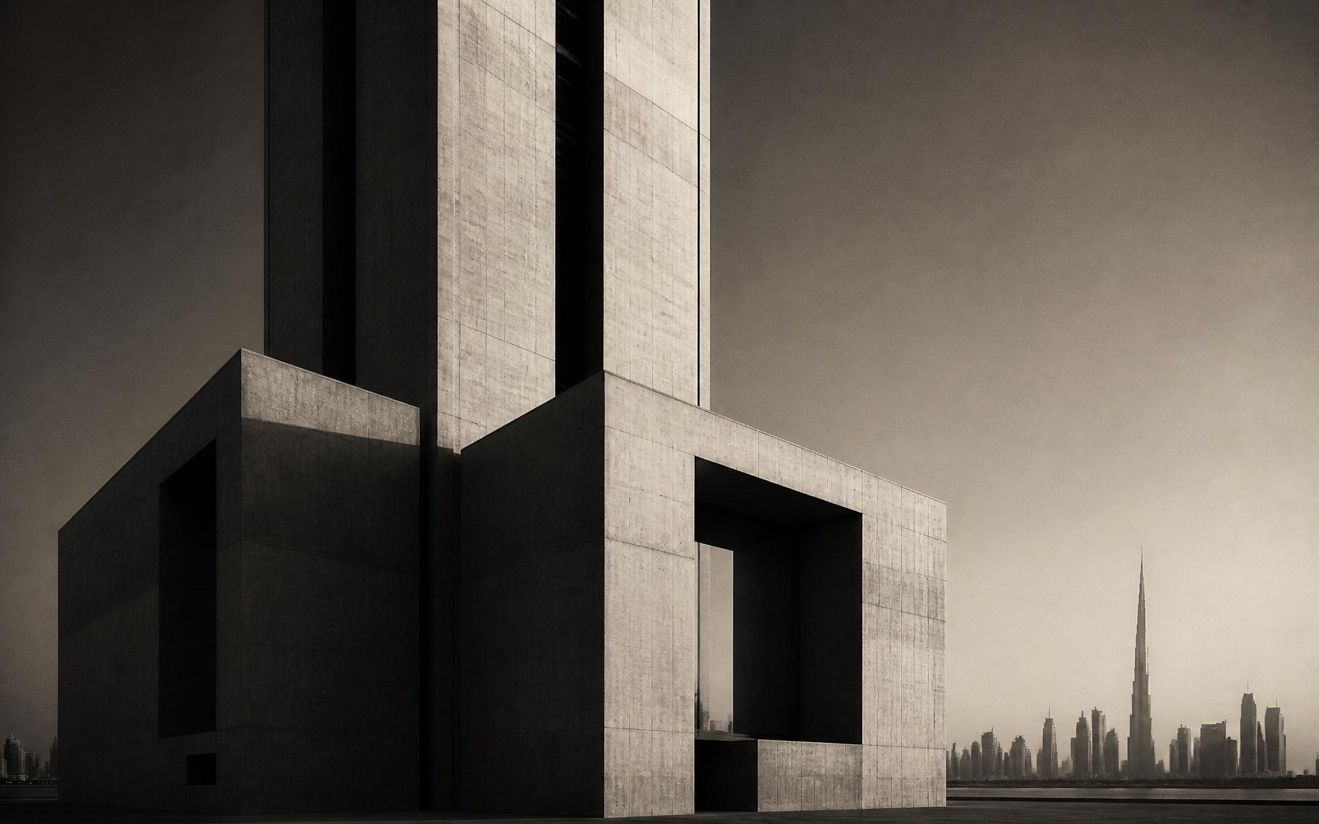 Monolithic concrete tower with warm evening light, Dubai skyline in the distance