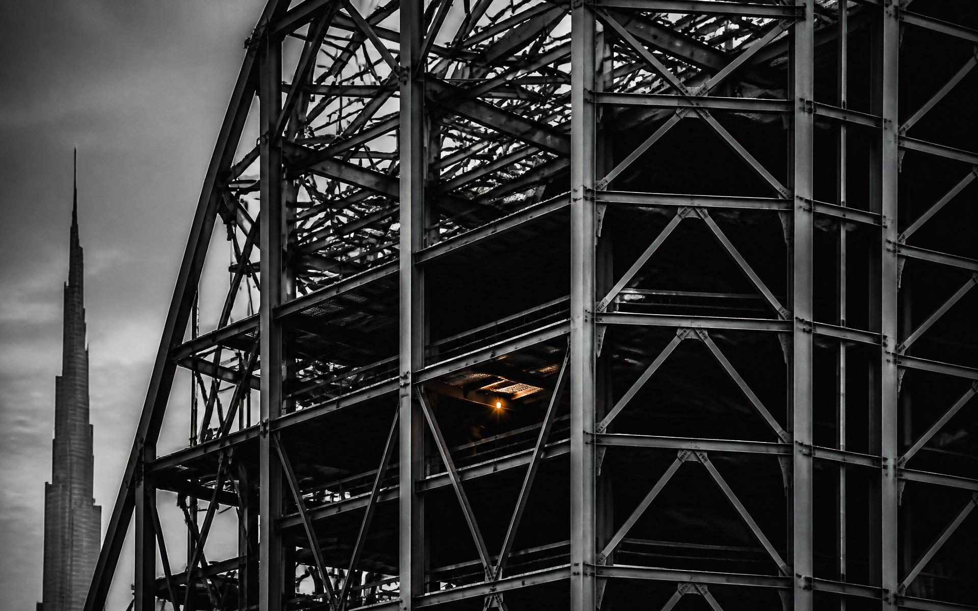 Structural steel frame with warm interior glow