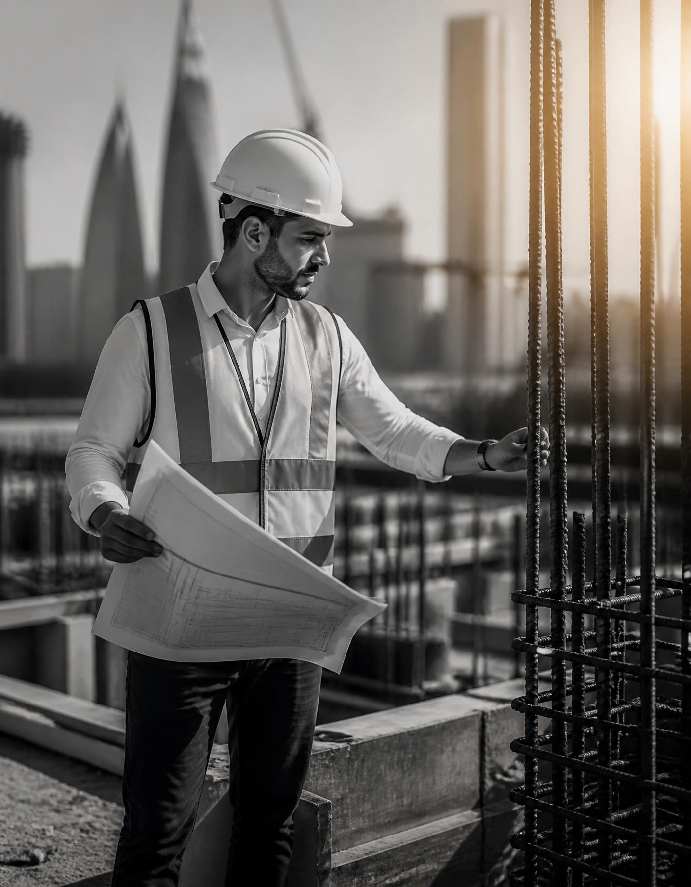Mokaab engineer supervising rebar installation on a Dubai construction site at golden hour